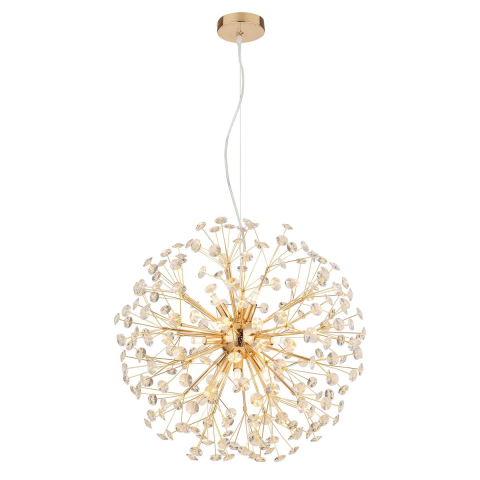 Pendelleuchte, LED, Gold, Rund, Kugelform, Metall, K9 Kristall, 60 cm Ø, 150 cm hoch, 9 Brennstellen, 350 lm, 3000 K, IP20, Frei Haus.