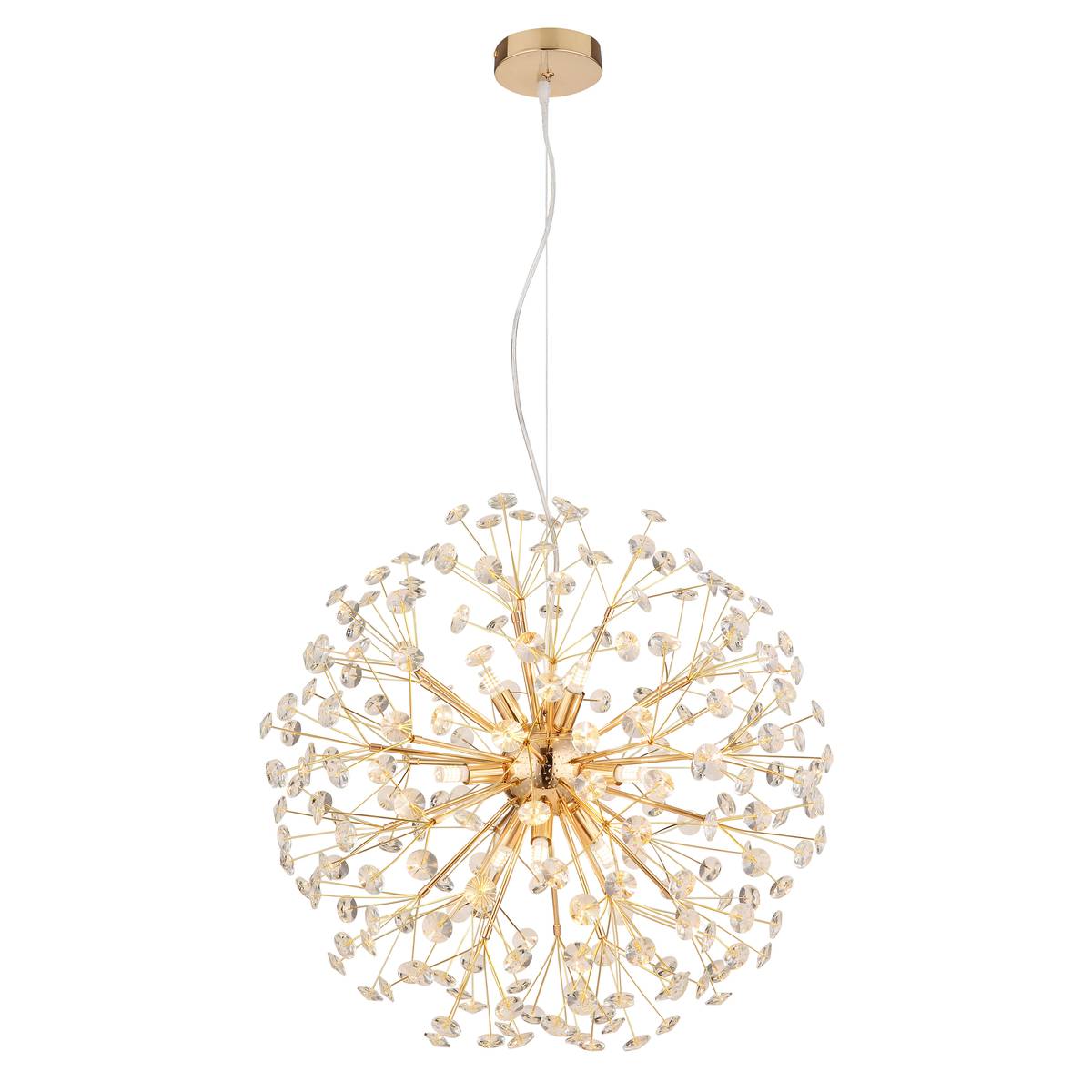 Pendelleuchte, LED, Gold, Rund, Kugelform, Metall, K9 Kristall, 60 cm Ø, 150 cm hoch, 9 Brennstellen, 350 lm, 3000 K, IP20, Frei Haus.