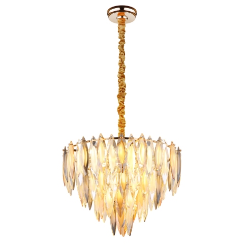 Pendelleuchte, Kronleuchter, Luster, K9 Kristalle, Gold, Champagner, Rauchfarbe, Metall, 12 Flammen, LED geeignet, E14, IP20