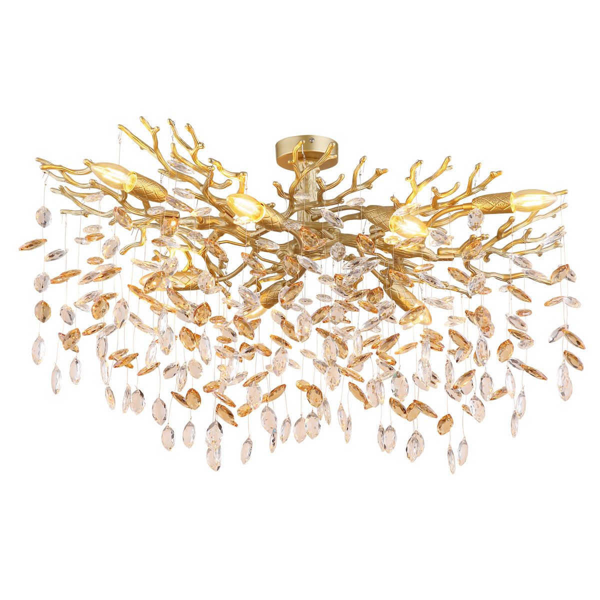 Plafonnier, doré, ambré, transparent, de forme allongée, 7 points lumineux, métal, cristaux de verre, E14, IP20, compatible LED, livraison gratuite.