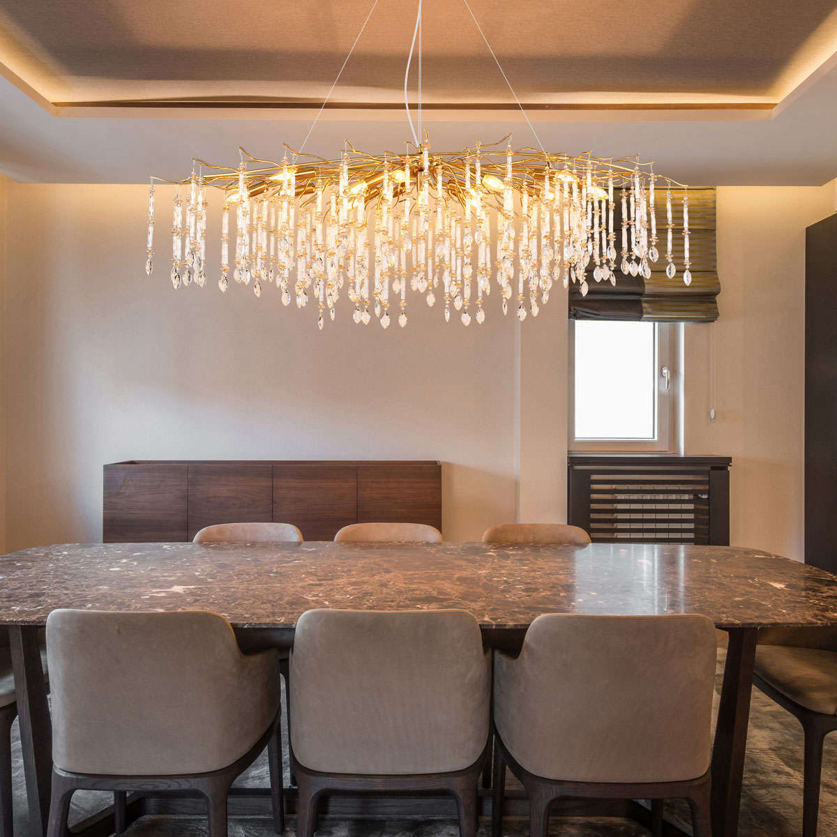 Pendelleuchte, Kronleuchter, Metall, Glaskristalle, Gold, 150 cm x 60 cm