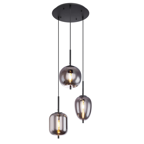 Pendelleuchte, Metall, Glas, Schwarz, Rauchfarbig, 46 cm Ø