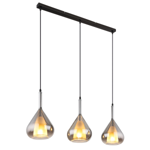 Pendelleuchte, Rauchfarbe, Schwarz, Glas, Metall, Länglich, 3 Brennstellen, LED geeignet, E27, Tropfenform