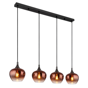 Pendelleuchte, Metall, Glas, Schwarz, Kupfer, 4 Lichtquellen, 100 cm x 18 cm