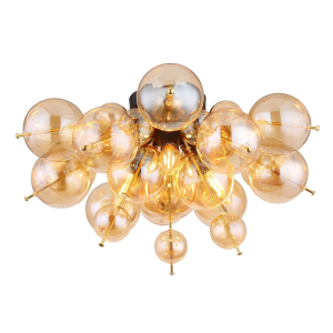 Deckenleuchte, Schwarz, Gold, Amber, Rund, 3 Brennstellen, LED geeignet, E14, Metall Glas, IP20, CE Zertifikat, Kugelform