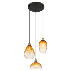 Pendelleuchte, Metall, Glas, Schwarz, Amber, 3 Lichtquellen, 46 cm Ø