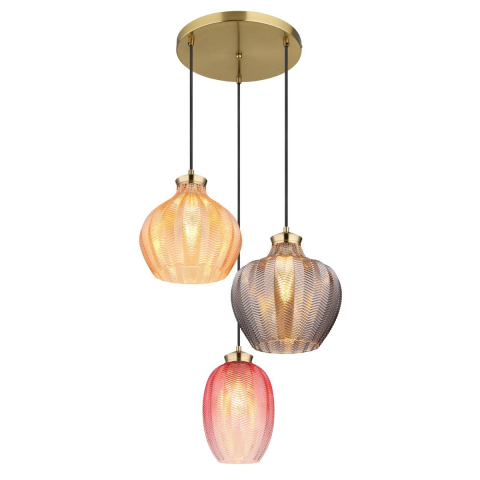 Pendelleuchte, Metall, Glas, Gold, Bunt, 3 Lichtquellen, 45 cm Ø