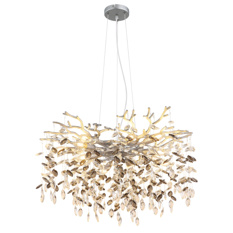 Pendelleuchte, Silber, Rauchfarbe, Metall, Glaskristalle, 10 Brennstellen, E14, Metall, Kronleuchter, LED geeignet