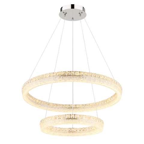 LED Pendelleuchte, Chrom, Klar, Rund, Ringförmig, Metall, Glaskristalle, 6400 Lumen, Dimmbar, CCT, Memory Funktion, Fernbedienung