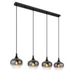 Suspension, métal, verre, noir, teinte fumée, 4 points lumineux, 100 cm x 18 cm