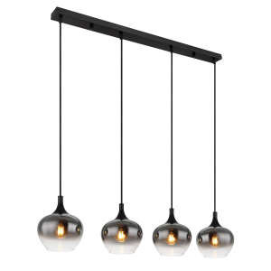 Pendelleuchte, Metall, Glas, Schwarz, Rauchfarbe, 4 Brennstellen, 100 cm x 18 cm