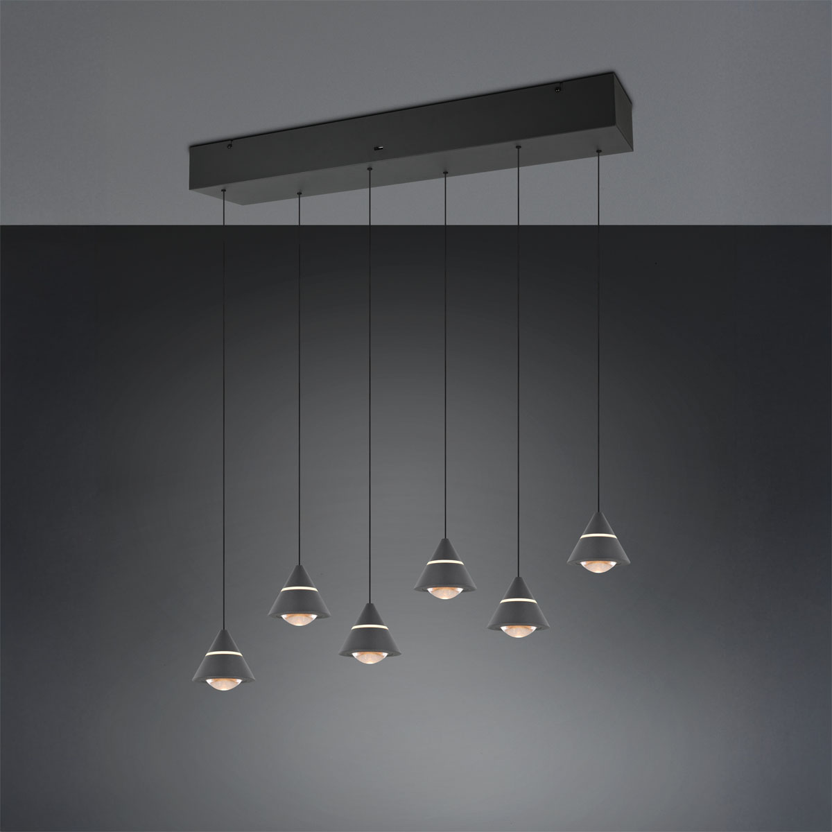LED Pendelleuchte, 6 Strahler, Schwarz, Höhe verstellbar, CCT, 75 cm x 16 cm
