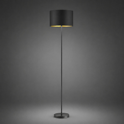 Stehleuchte, Schwarz, Gold, Zeitlos, Runder Schirm, 160 cm Höhe, Schlafzimmerbeleuchtung, Hotel Stehlampe, Restaurant Stehleuchte, Flurbeleuchtung, Dielenleuchte, Hotelleuchte, Schlafzimmer Stehleuchte, Innenraumbeleuchtung, Wohnraumbeleuchtung, IP20