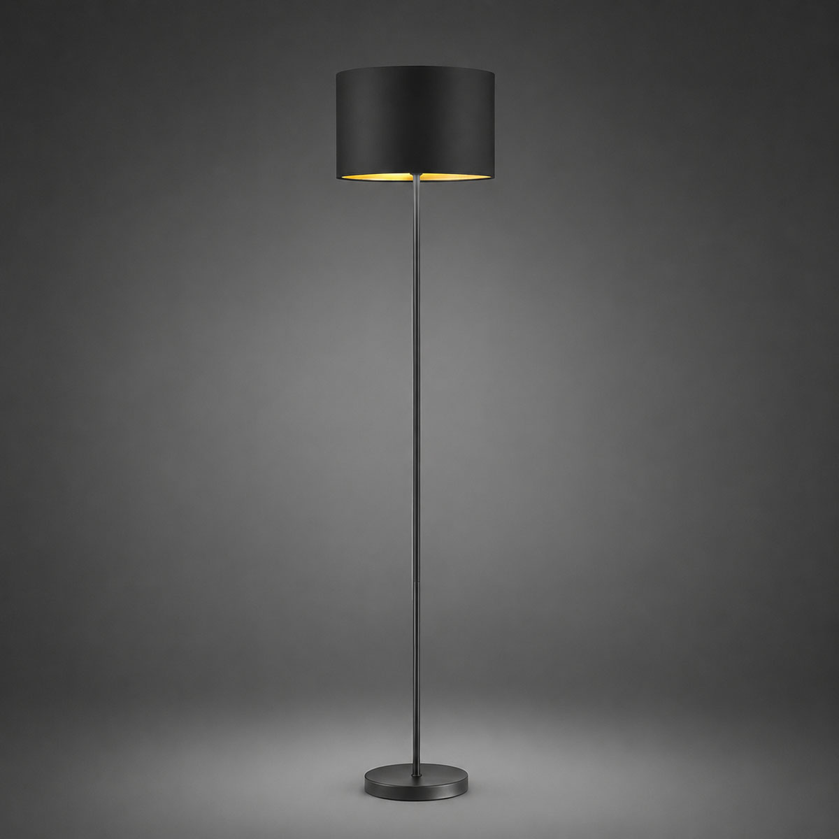 Stehleuchte, Schwarz, Gold, Zeitlos, Runder Schirm, 160 cm Höhe, Schlafzimmerbeleuchtung, Hotel Stehlampe, Restaurant Stehleuchte, Flurbeleuchtung, Dielenleuchte, Hotelleuchte, Schlafzimmer Stehleuchte, Innenraumbeleuchtung, Wohnraumbeleuchtung, IP20