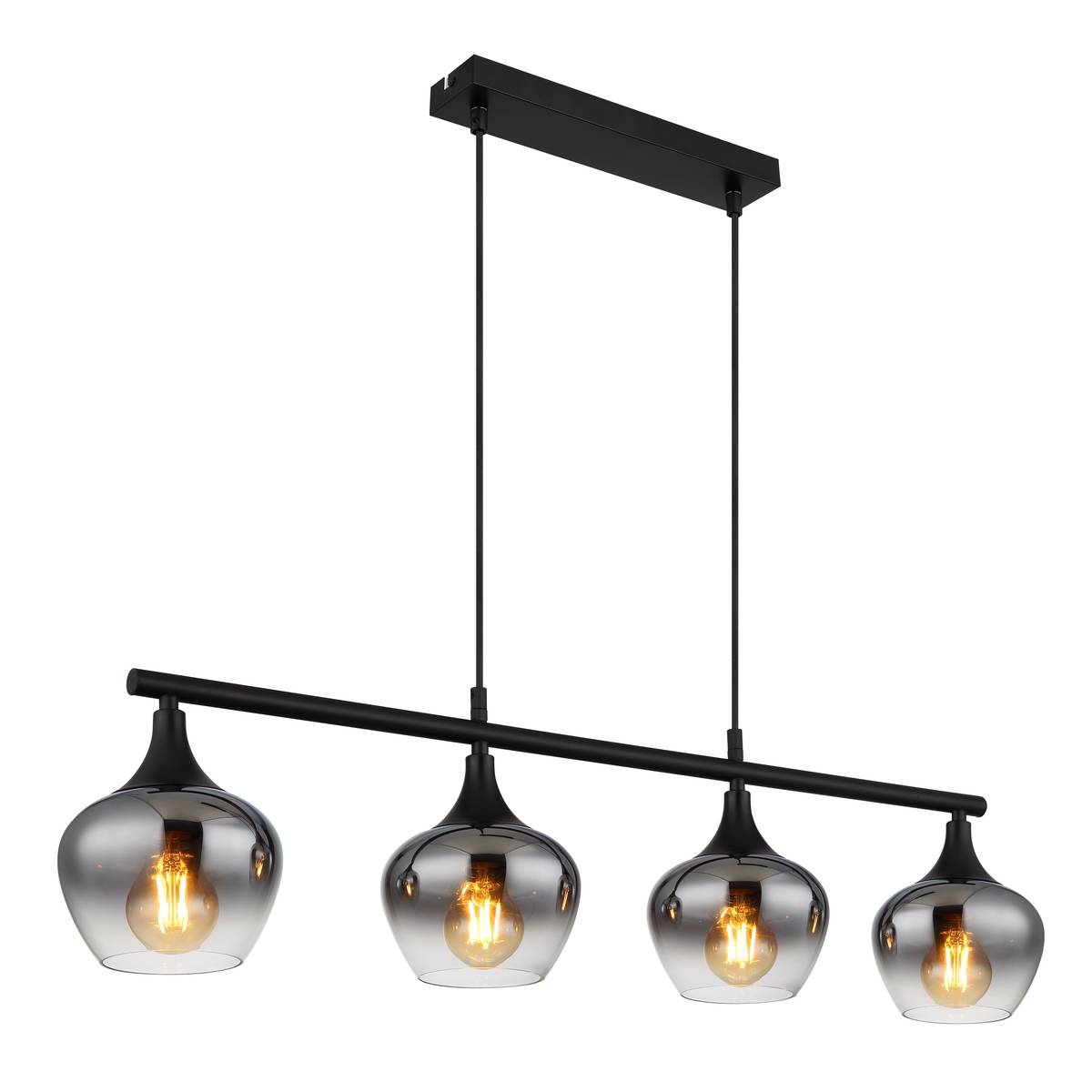 Pendelleuchte, Metall, Glas, Schwarz, Rauchfarbe, 4 Spots, 90 cm x 15 cm