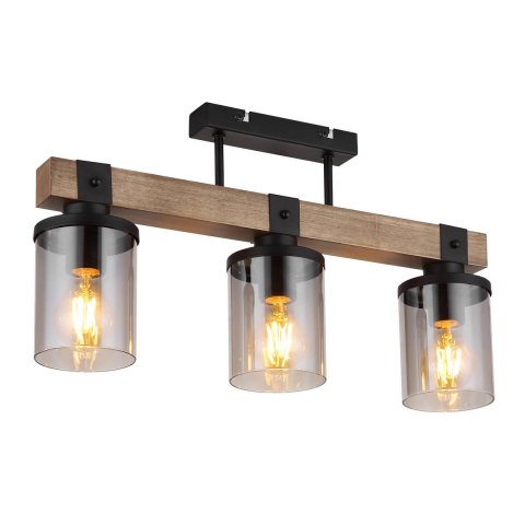 Deckenleuchte, Metall, Holz, Glas, 3 Strahler, 52 cm x 10 cm