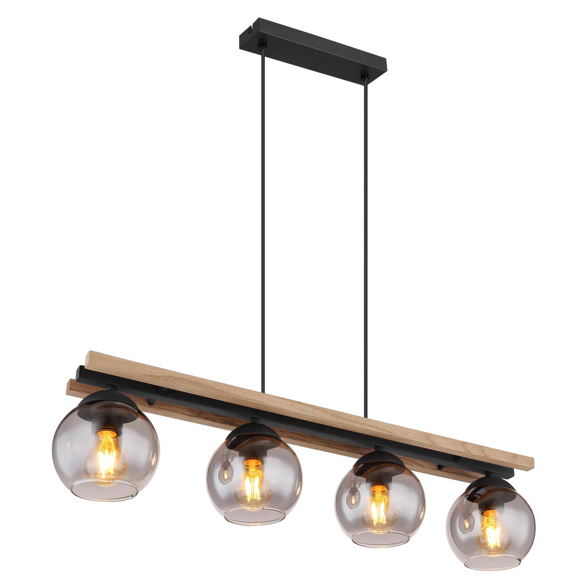 Pendelleuchte, Metall, Holz, Glas, 4 Strahler, 85 cm x 15 cm