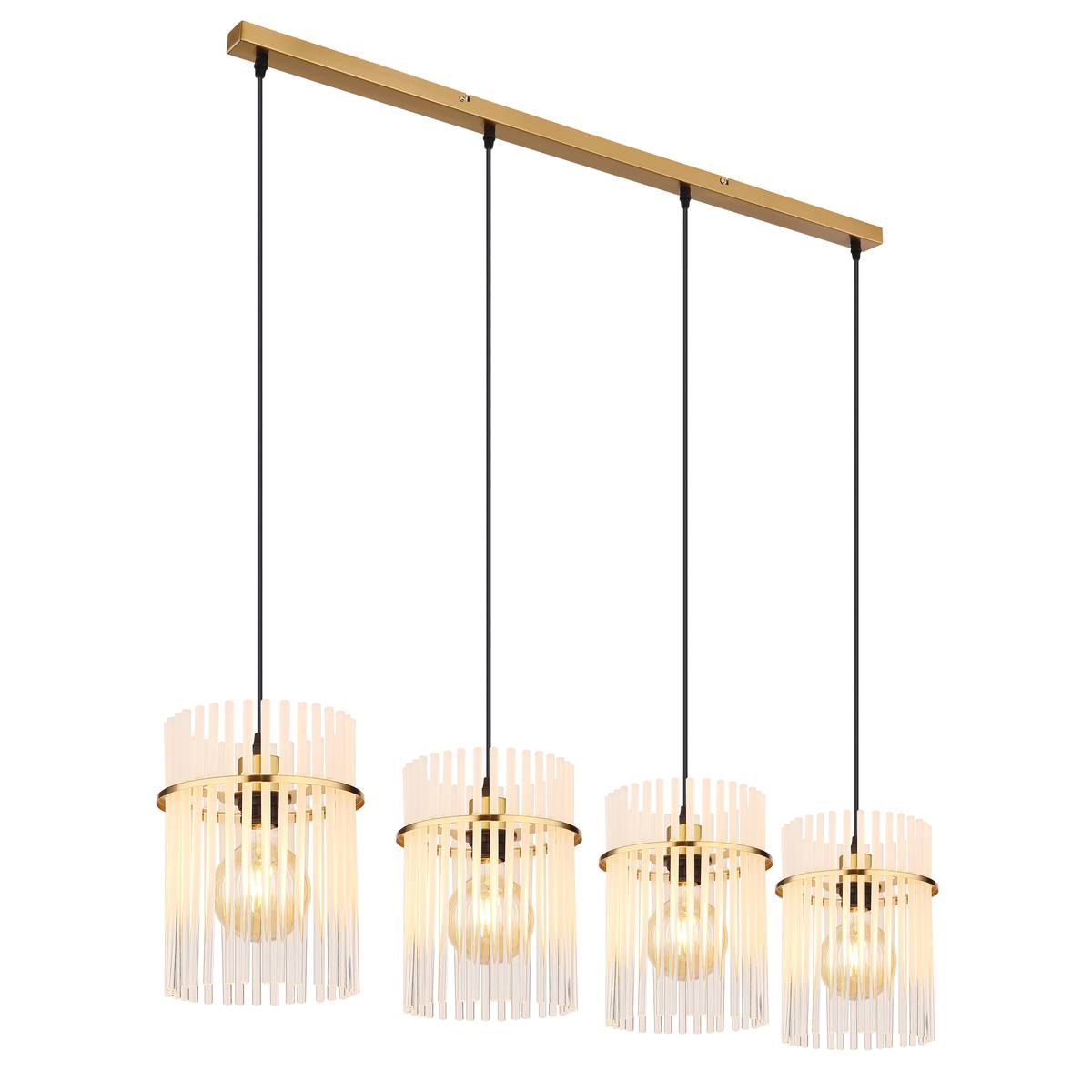 Pendelleuchte, Metall, Glasstäbe, Gold, 4 Strahler, 110 cm x 20 cm