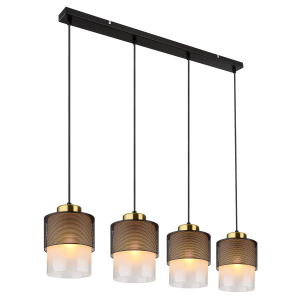 Pendelleuchte, Schwarz, Klar, Satiniert, Rechteckig, Länglich, Zylindrisch, Metall, Glas, 4 Strahler, IP20, E27, LED geeignet