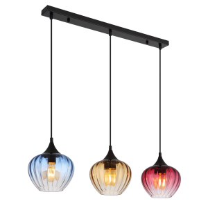 Suspension, métal, verre, multicolore, 3 spots, 80 cm x 18 cm