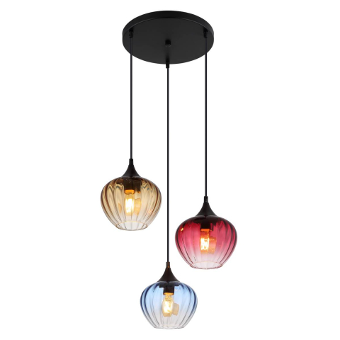 Pendelleuchte, Metall, Glas, Bunt, 3 Strahler, 45 cm Ø