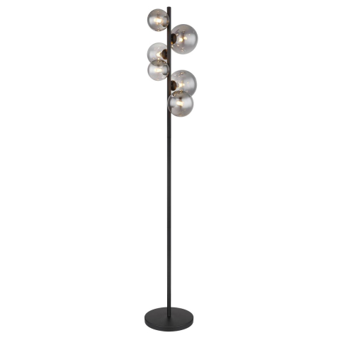 Stehleuchte, LED, Schwarz, Rauchfarbe, 6 Lichtquellen, Metall, Glas, 3000 Kelvin, 780 Lumen, G9, IP20, Fußschalter