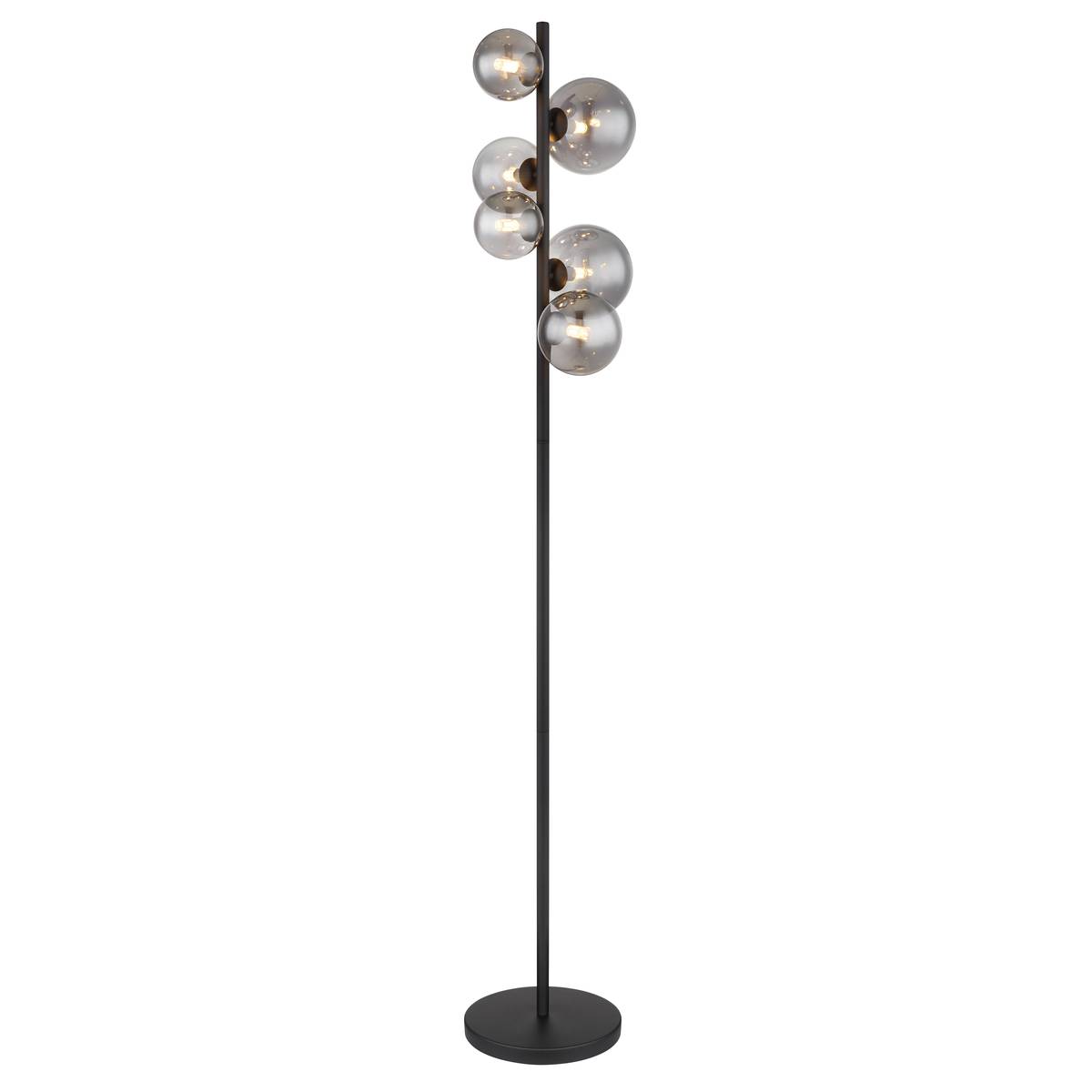 Stehleuchte, LED, Schwarz, Rauchfarbe, 6 Lichtquellen, Metall, Glas, 3000 Kelvin, 780 Lumen, G9, IP20, Fußschalter