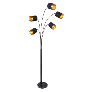 Stehleuchte, Metall, Stoff, Schwarz, Gold, Fußschalter, 204 cm Höhe