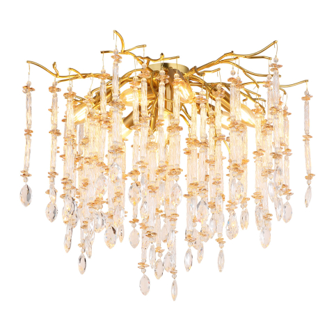 Deckenleuchte, Gold, Amber, Klar, Rund, 8 Brennstellen, Metall, Glaskristalle, E14, LED geeignet, IP20, CE Zertifikat