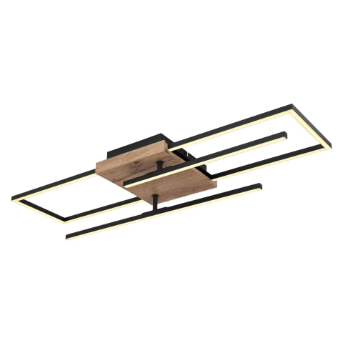 LED Deckenleuchte, Metall, Schwarz, Holzoptik, 80 cm x 20 cm