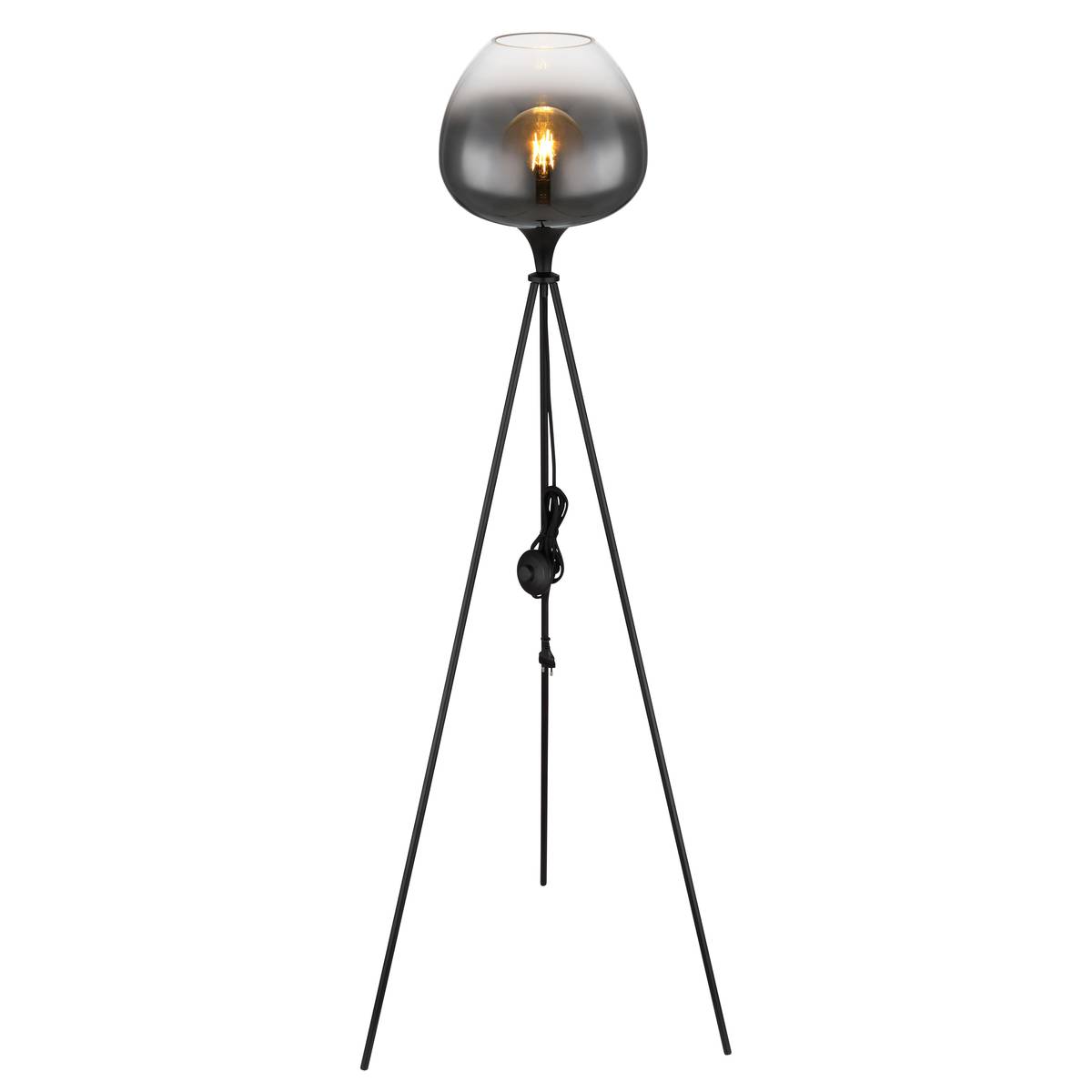 Stehleuchte, Metall, Glas, Schwarz, Rauchfarbe, Schalter, 145 cm Höhe