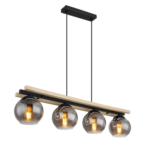 Pendelleuchte, Metall, Glas, Holz, 4 Strahler, 85 cm x 15 cm
