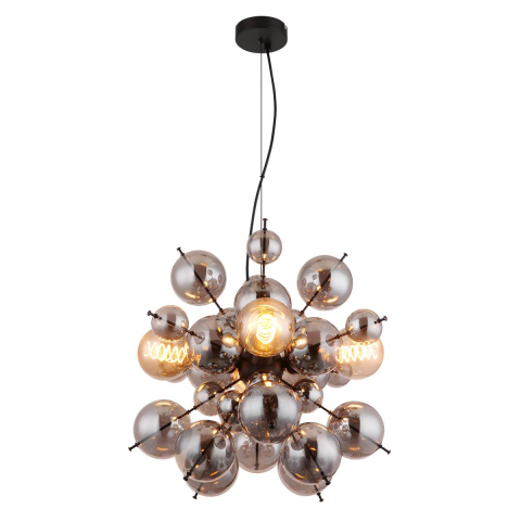 Pendelleuchte, Metall, Glaskugeln, Schwarz, Rauchfarbe, 52 cm Ø