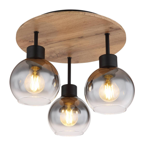 Deckenleuchte, Metall, Glas, Holzoptik, 3 Strahler, 38 cm Ø