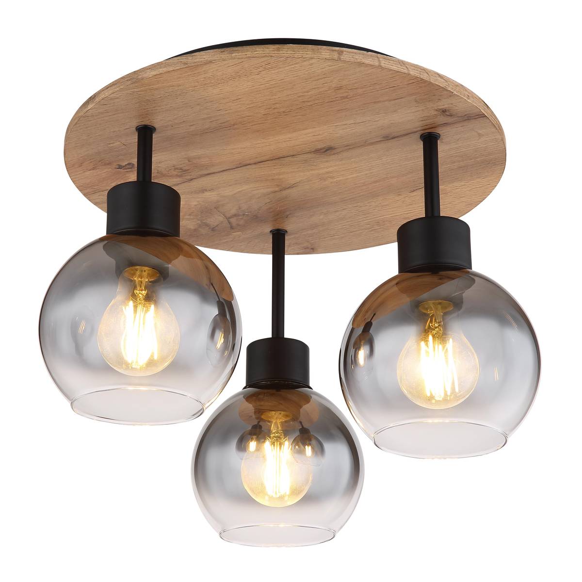 Deckenleuchte, Metall, Glas, Holzoptik, 3 Strahler, 38 cm Ø
