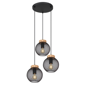 Pendelleuchte, Metall, Holz, Schwarz, Braun, 3 Strahler, 44 cm Ø