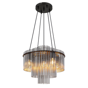 Pendelleuchte, Metall, Glasstäbe, Schwarz, Rauchfarbe, 50 cm Ø
