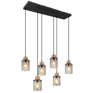 Pendelleuchte, Metall, Holz, Glas, 6 Strahler, 62 cm x 18 cm