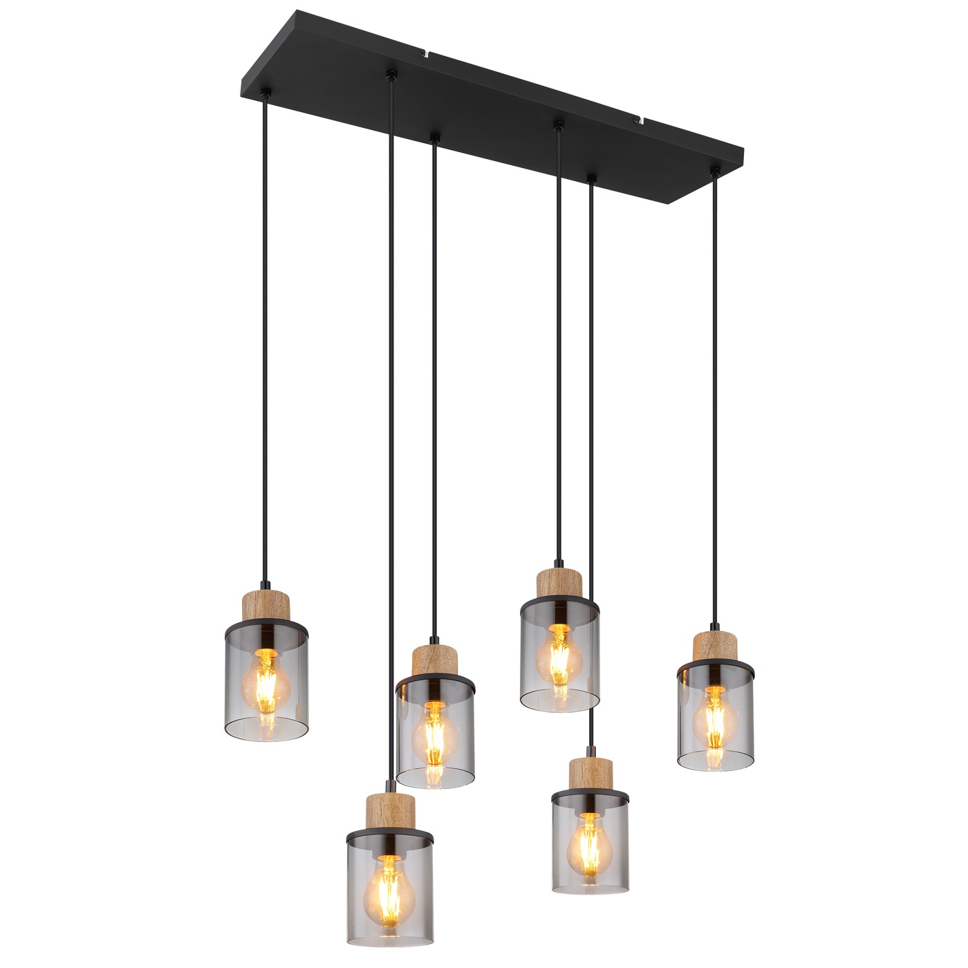 Pendelleuchte, Metall, Holz, Glas, 6 Strahler, 62 cm x 18 cm