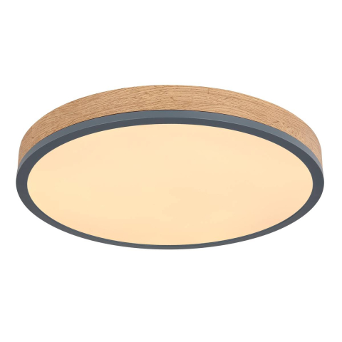 LED Deckenleuchte, Metall, Holzoptik, Opal, 45 cm Ø