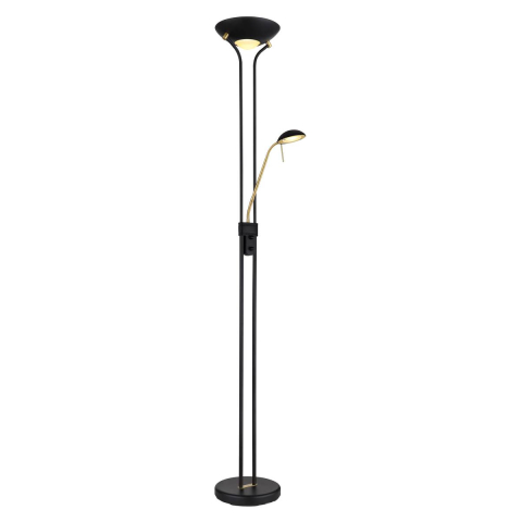 LED Stehleuchte, Metall, Schwarz, Messing, Dimmer, Lesearm, 180 cm Höhe