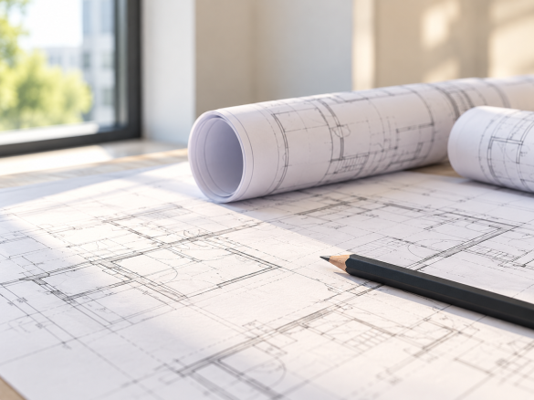 KI-generierte Illustration von Architekturplänen auf einem Arbeitstisch