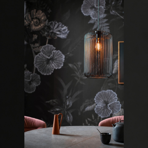 Pendelleuchte, Korb-Design, Metall, Schwarz, Lichteffekt, 150 cm Höhe