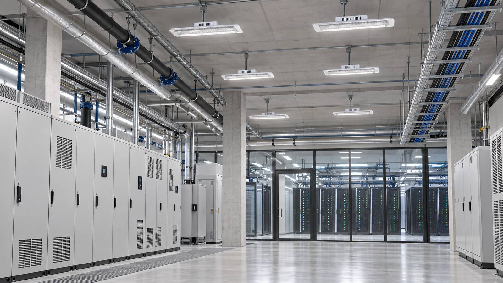 Grande zone technique ouverte avec luminaires grande hauteur &agrave; faisceau large