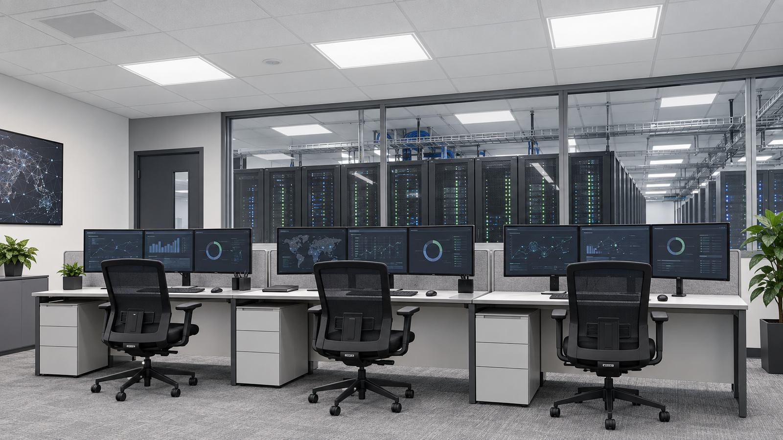 Salle de contr&ocirc;le avec postes &agrave; &eacute;crans et lumi&egrave;re de panneaux anti-&eacute;blouissante