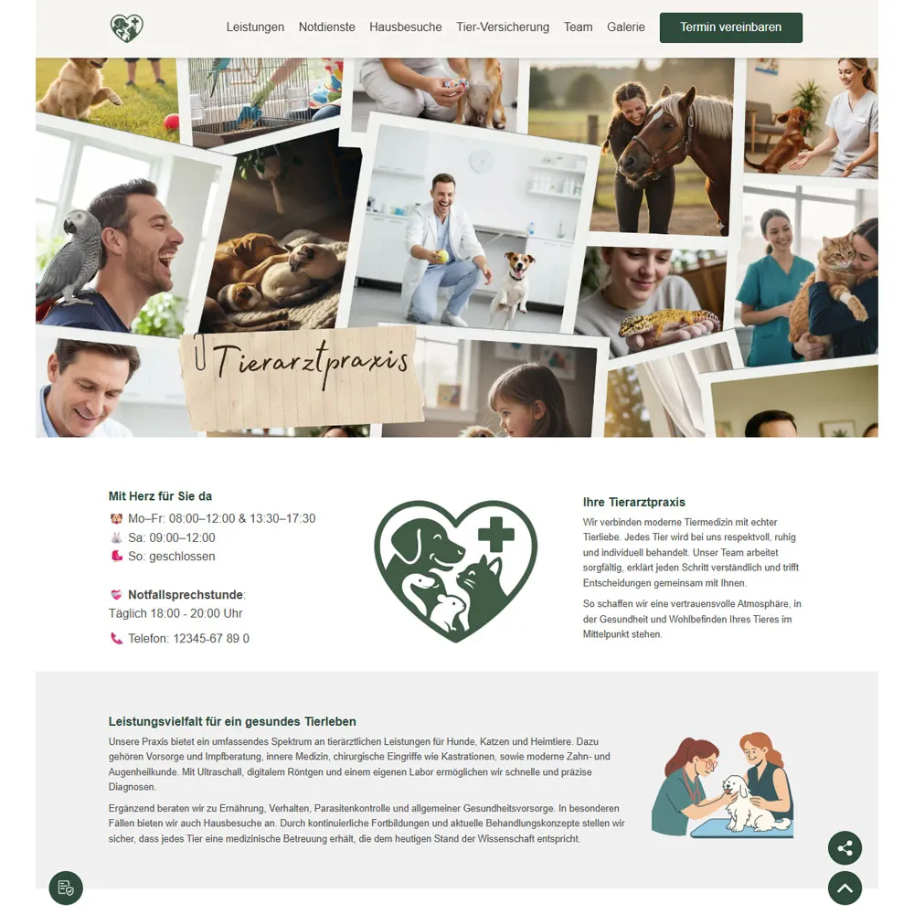 Beispiel einer fertig aufgebauten Webseite für eine Tierarztpraxis