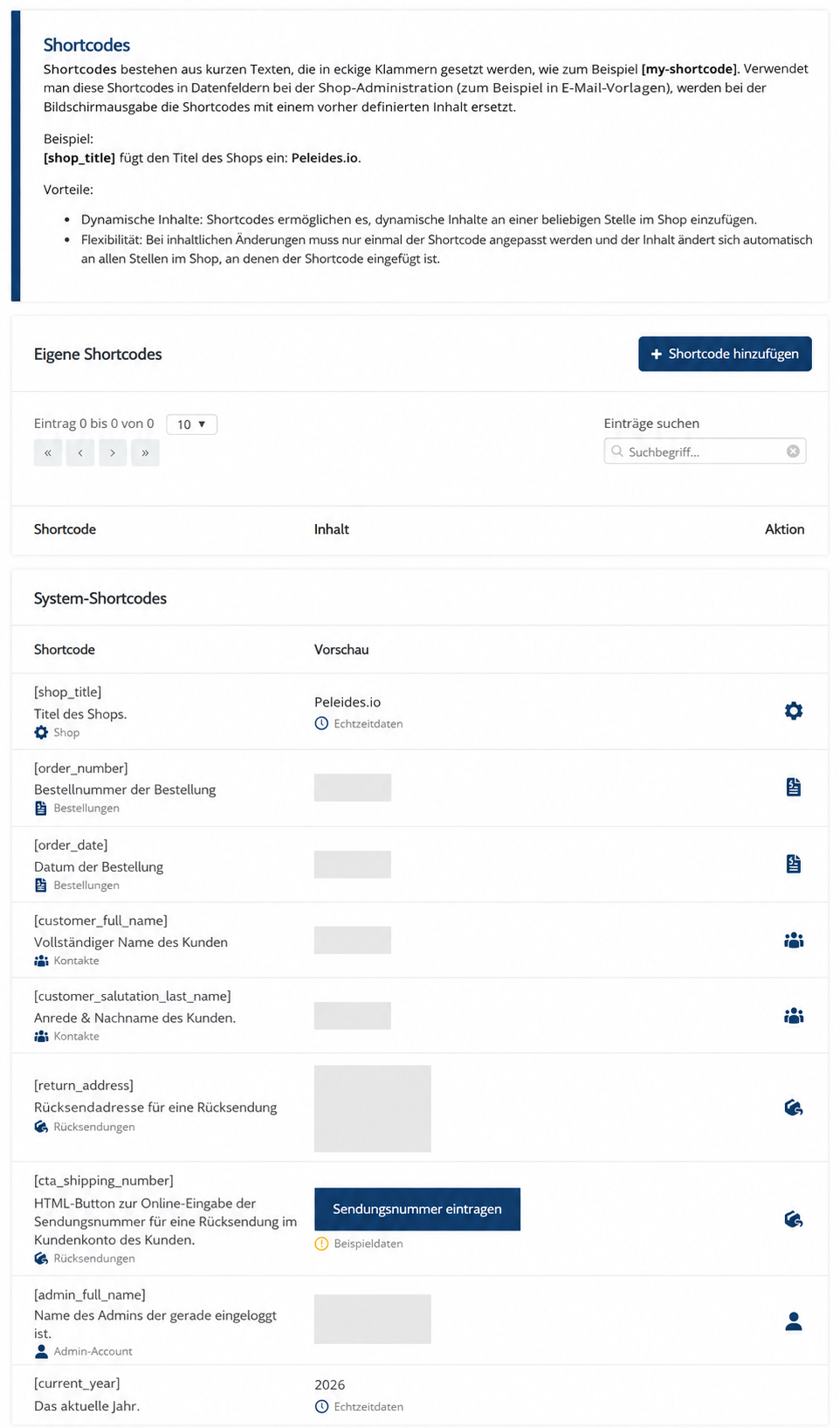 Bereinigte Peleides-Administration mit eigenen und systemseitigen Shortcodes