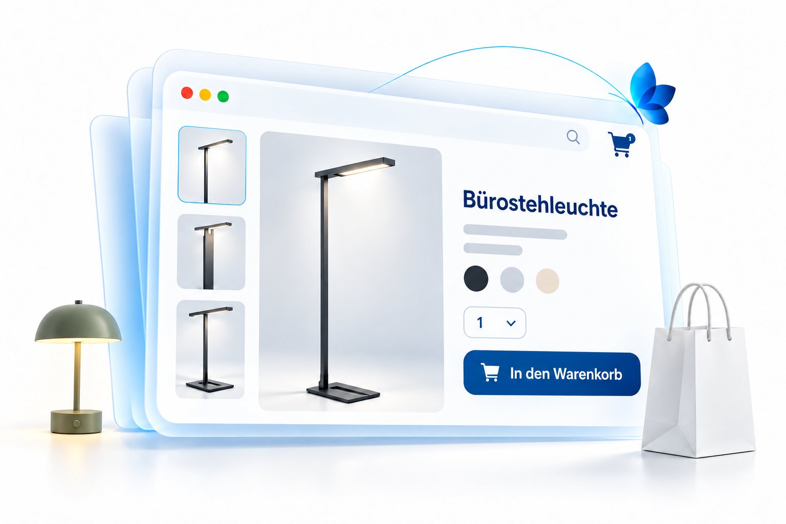 Illustration eines Onlineshops mit Bürostehleuchte, Produktdetails und Einkaufstasche