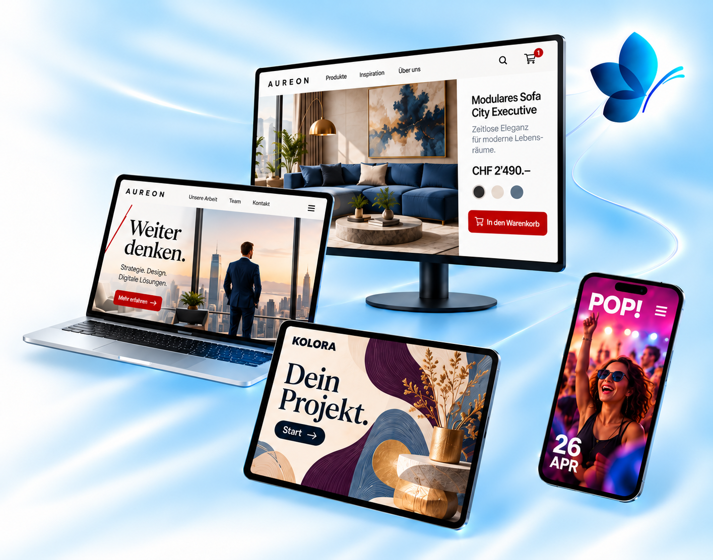 Peleides für Website und Webshop: vier Geräte mit Unternehmensauftritt, Produktshop, Kreativseite und Eventseite