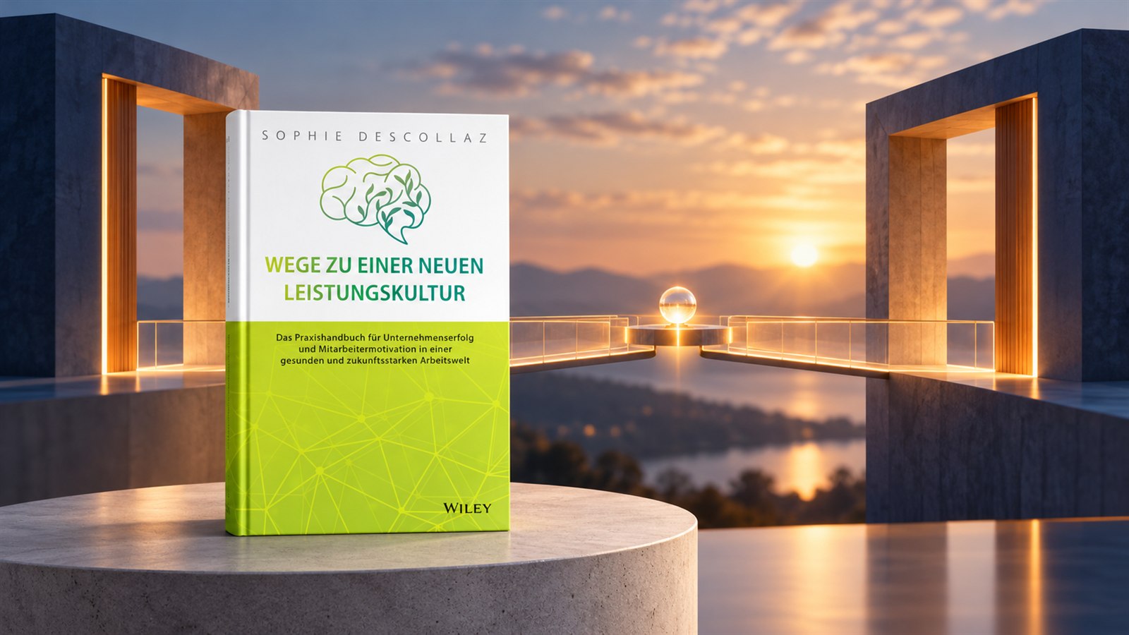 Buch «Wege zu einer neuen Leistungskultur» von Sophie Descollaz vor einer offenen Brücke im Abendlicht.